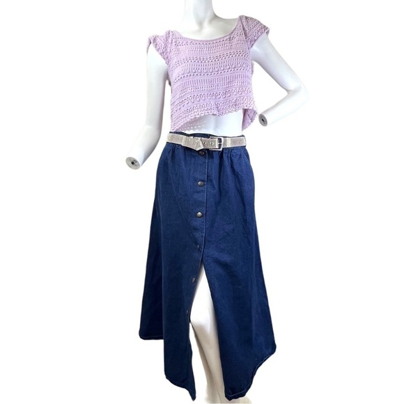 Vintage Denim Midi Skirt Woman’s Size 8 100% Cotton Dark Wash Jean Snap up front - Picture 2 of 9